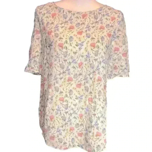 H&M Women's Floral Blouse Size 10 Pink Short Flutter Sleeve Top - Picture 1 of 7